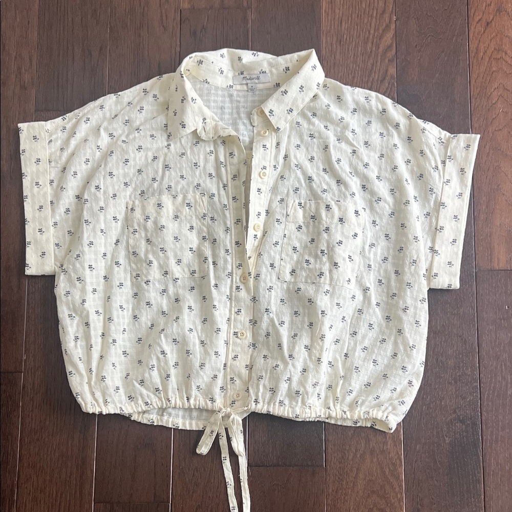 Madewell Cream Short-Sleeve Button Front Tie-Hem Blouse